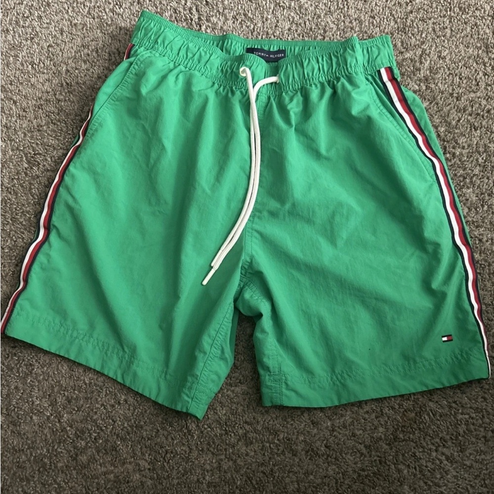 Tommy Hilfiger Green Swim Trunks with Striped Trim
